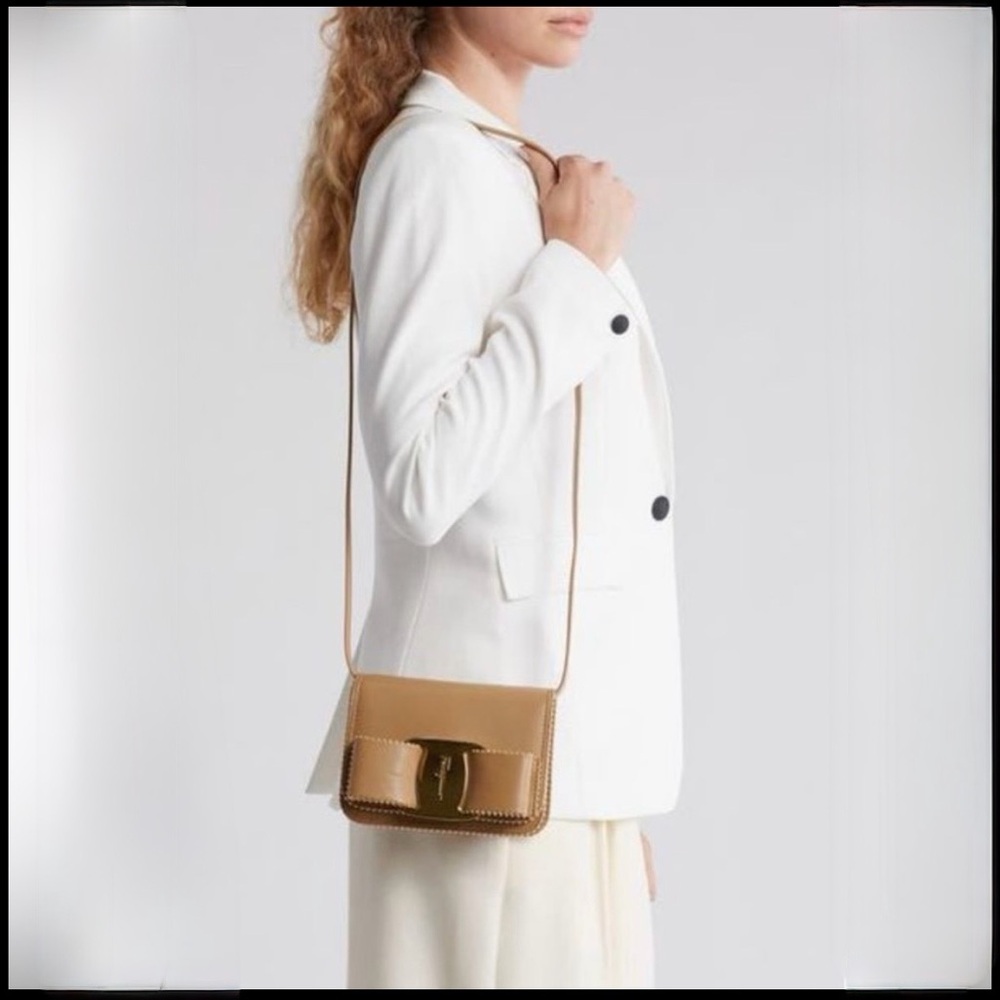 Salvatore Ferragamo Vara Bow Small Leather Crossbody Bag Camel w Gold Accent New